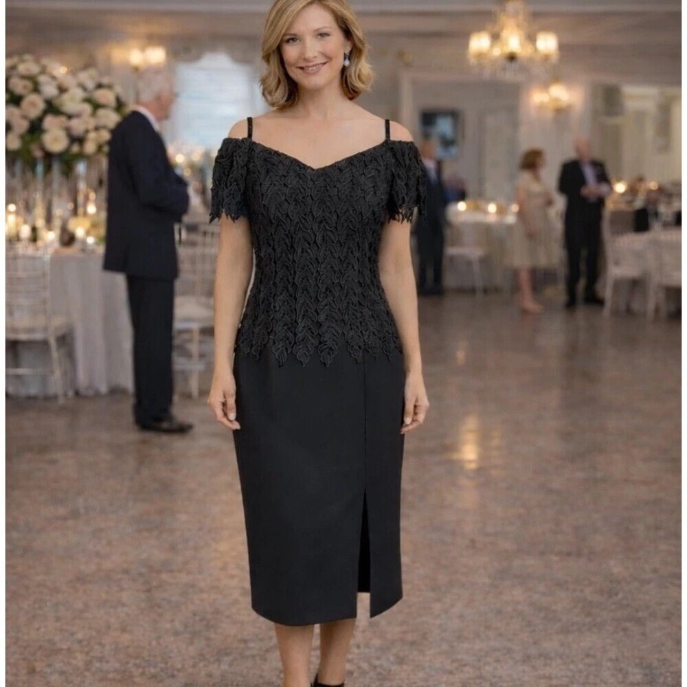Vintage Cachet Bari Protas Black Lace Off Shoulder Cocktail Dress Gown Size 12